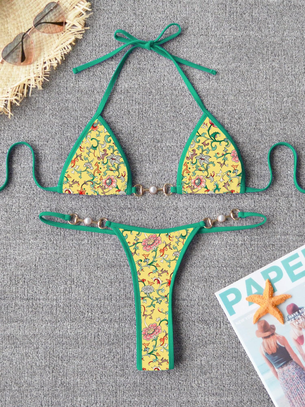 TASHEHE Women's Triangle Thong Bikini Set Sexy String Brazillian Two Piece Swimsuit Cute Bikini Bathing Suit - Yellow/Pink Floral - Small