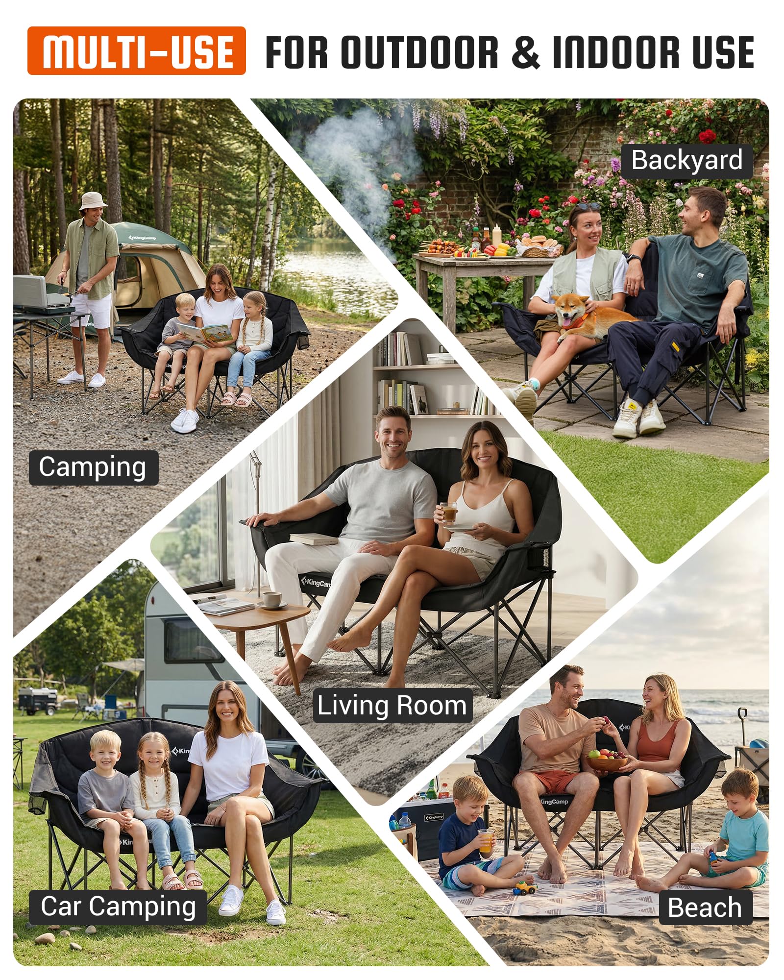 KingCamp Double Camping Chair, Oversized Heavy Duty 660lbs Loveseat for Adults Portable Folding XL 2 Person Couch Padded Comfortable Two Seat with Cup Holder for Outdoor Lawn Backyard, Black