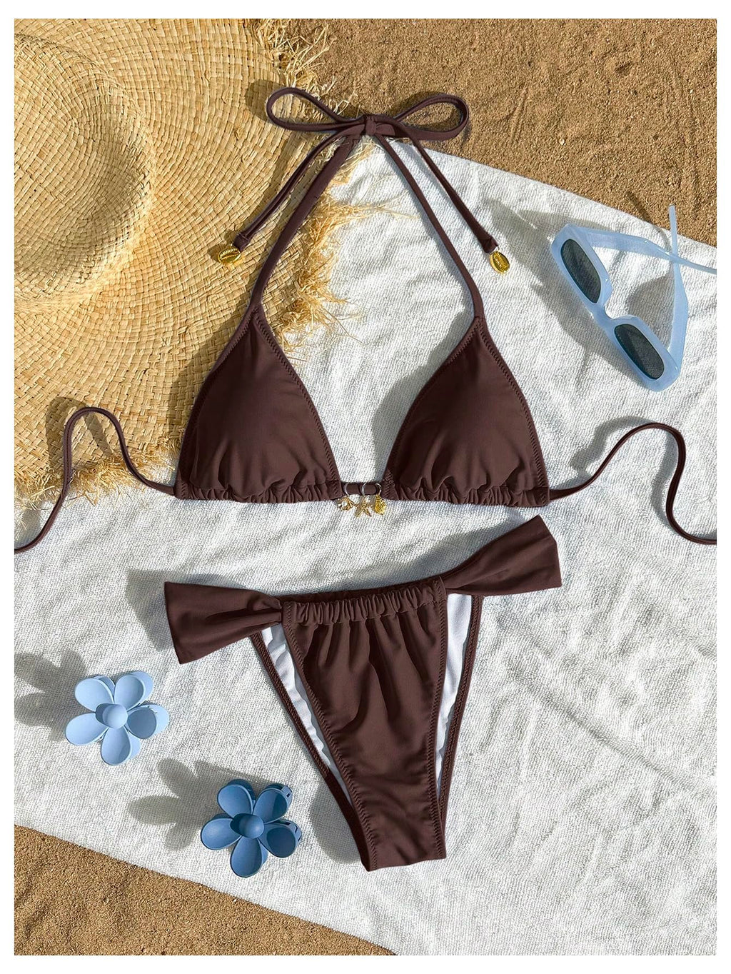 SOLY HUX Women's Halter String Bikini Sets High Cut Cheeky Thong Sexy Two Piece Swimsuits Bathing Suit Coffee Brown Small