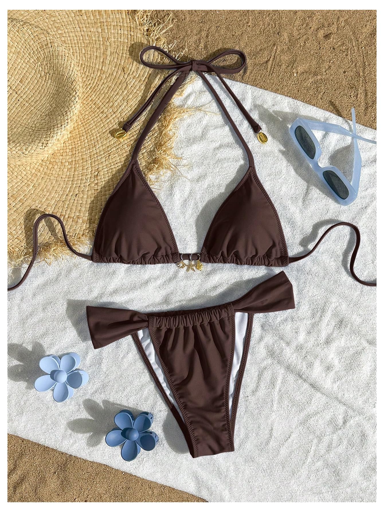 SOLY HUX Women's Halter String Bikini Sets High Cut Cheeky Thong Sexy Two Piece Swimsuits Bathing Suit Coffee Brown Small