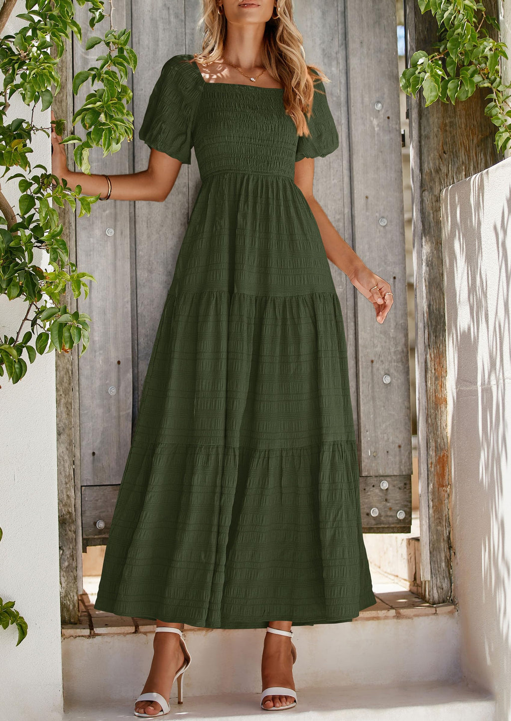 PRETTYGARDEN Womens Summer Puff Short Sleeve Maxi Dress Square Neck Smocked Tiered Ruffle A Line Long Flowy Beach Dresses (Army Green,Medium)