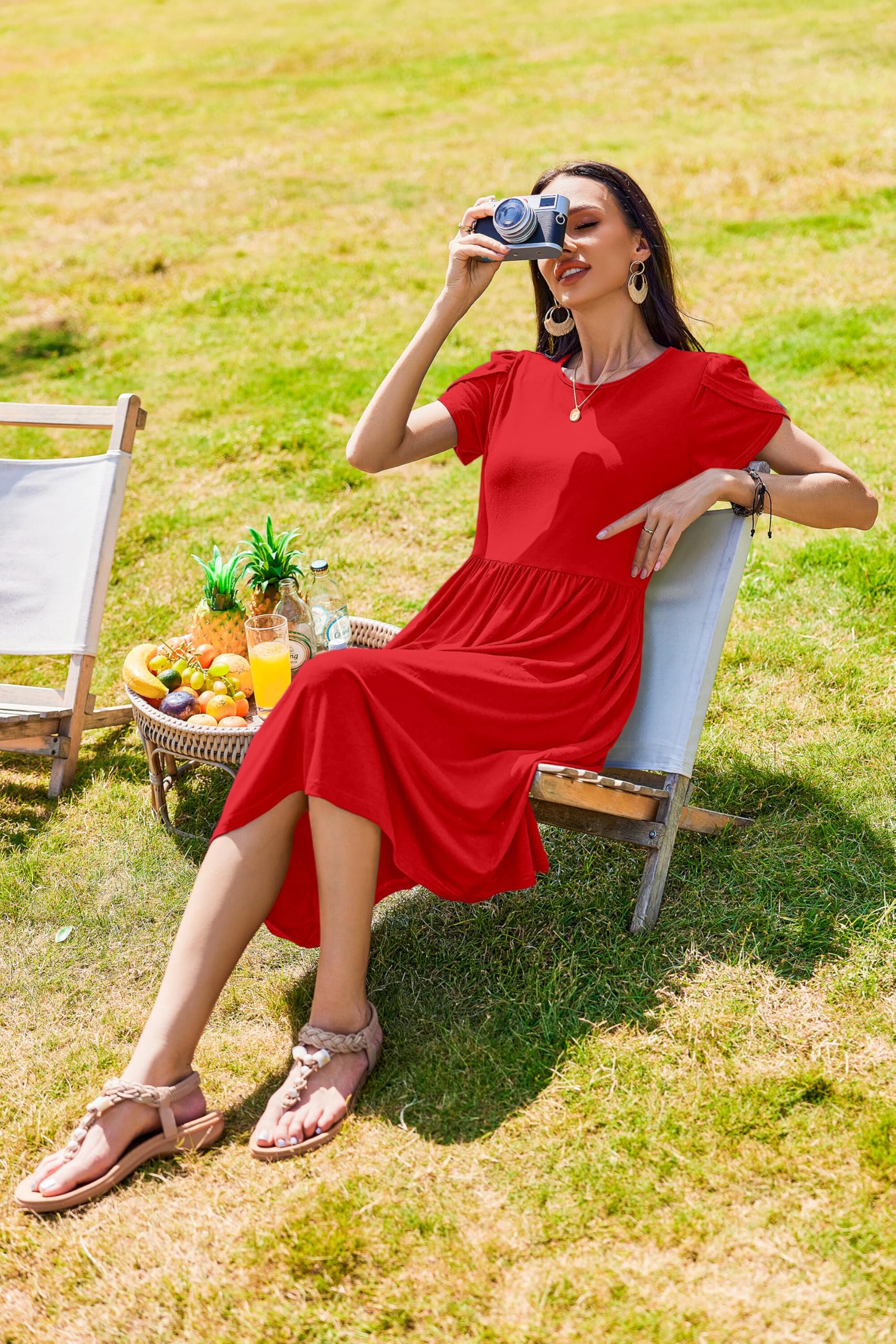 Zeagoo Short Sleeve Dress for Women Casual Summer Tshirt Dress Wedding Guest Dresses Short Sleeve Midi Dress Fashion Beach Vacation Sundress with Pocket Red