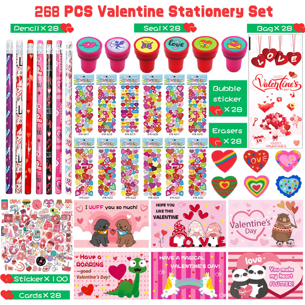 Phaorui 268pcs Valentines Day Gifts for Kids Classroom 28 Pack Valentines Goodie Bags Stuffers Valentine Card Gift for Kid Valentine Classroom Party Favors Prizes for Kids Girls