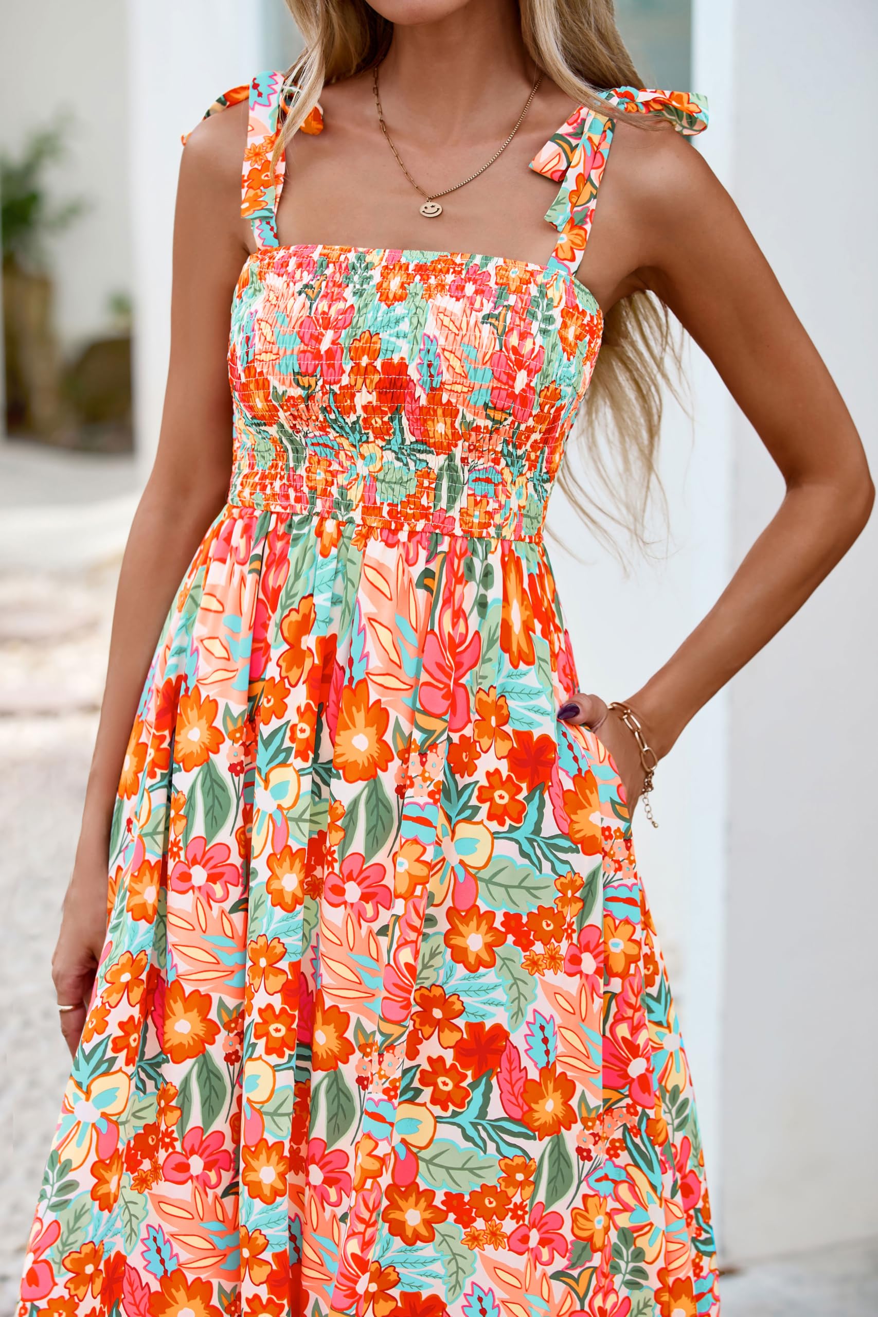 PRETTYGARDEN Womens Summer Dresses Floral Sleeveless Smocked Maxi Dress Boho Spaghetti Strap A Line Flowy Beach Long Sundress(Light Apricot Orange Flower,X-Large)