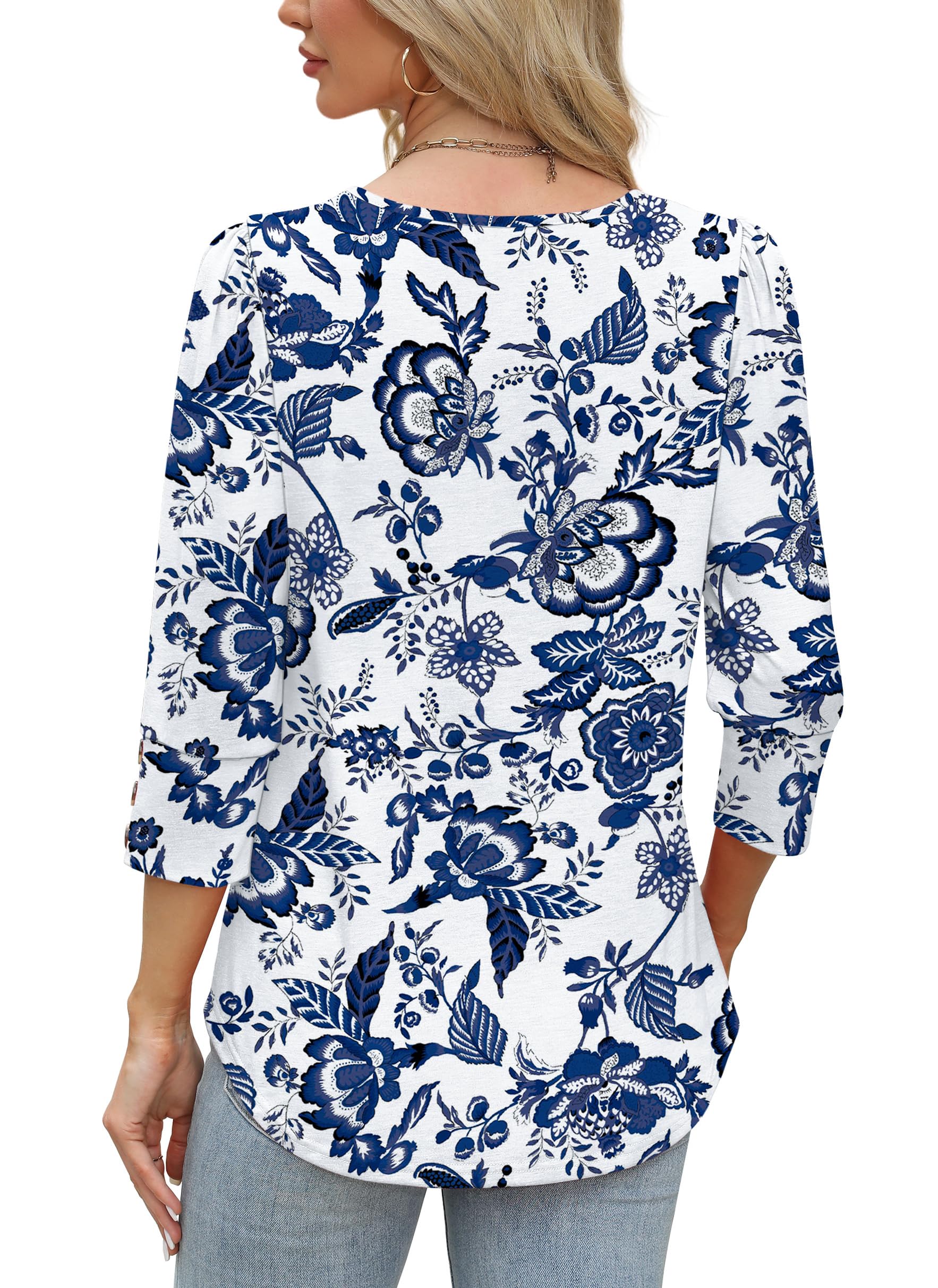 Boho Tops for Women 3/4 Length Sleeve Womens Tops Blouses Dressy Casual Early Fall Fashion 2026 Spring Outfits for Teachers Plus Size Summer Women's Clothing Trendy Fall Clothes Blue Floral 2XL