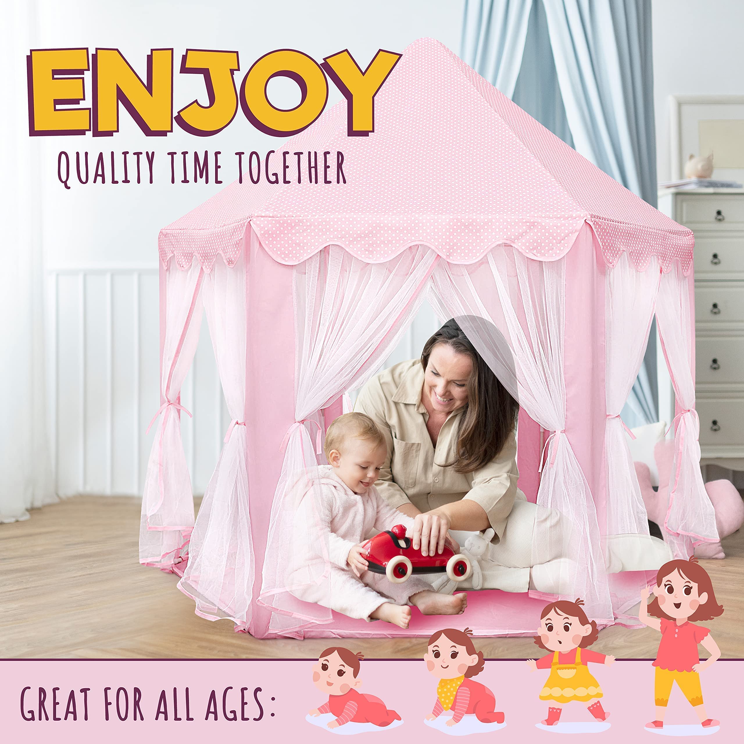 ORIAN Princess Castle Play Tent for Girls, LED Star Lights, Indoor & Outdoor Playhouse, Polyester, Pink, 55" x 53", Toddler & Kids Toys Ages 2–7
