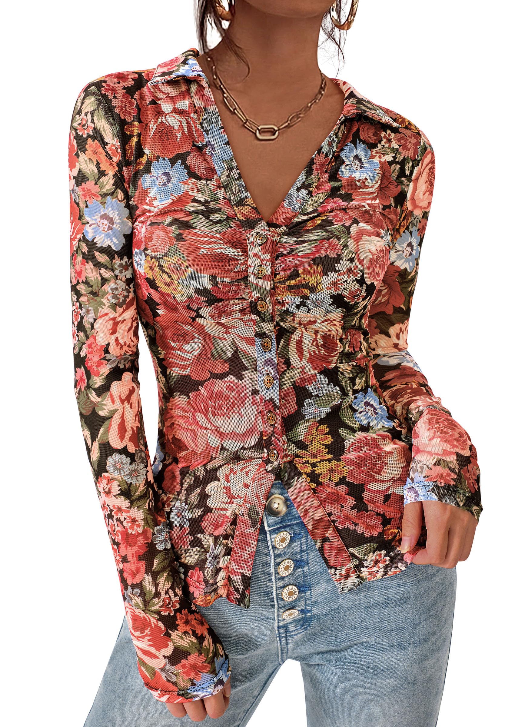 PRETTYGARDEN Women Button Down Floral Shirts 2026 Fall Trendy Long Sleeve V Neck Mesh Boho Blouse Spring Tops Date Outfits (Black Floral,Large)