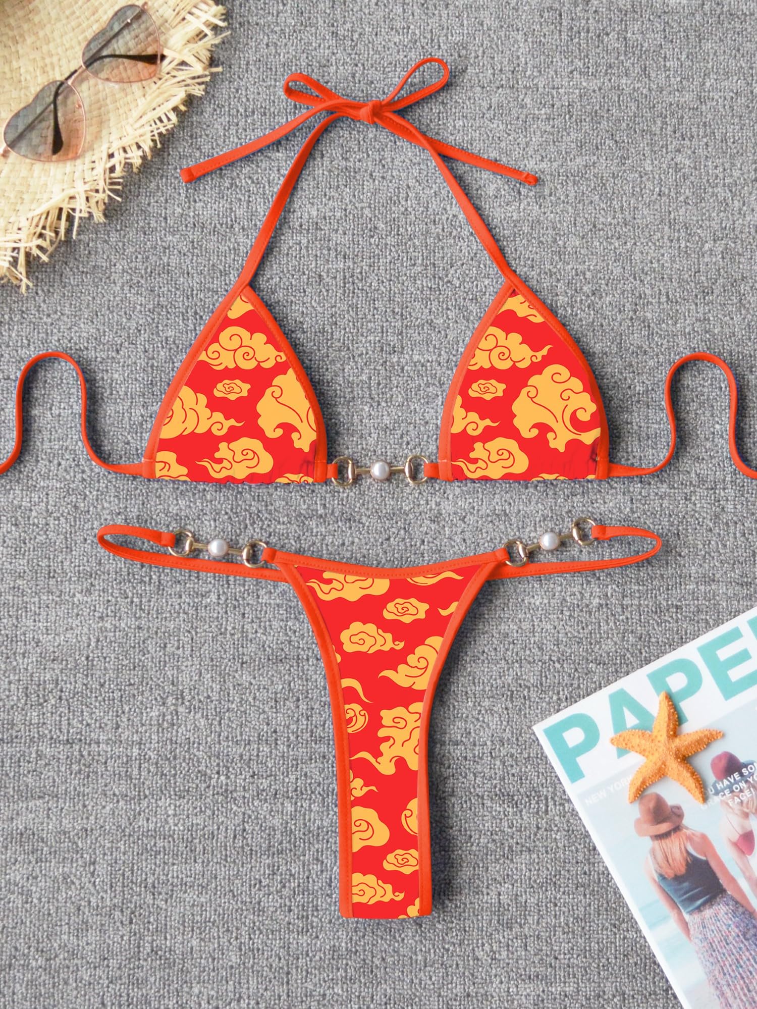 TASHEHE Women's Triangle Thong Bikini Set Sexy String Brazillian Two Piece Swimsuit Cute Bikini Bathing Suit - Red/Gold Cloud - Small