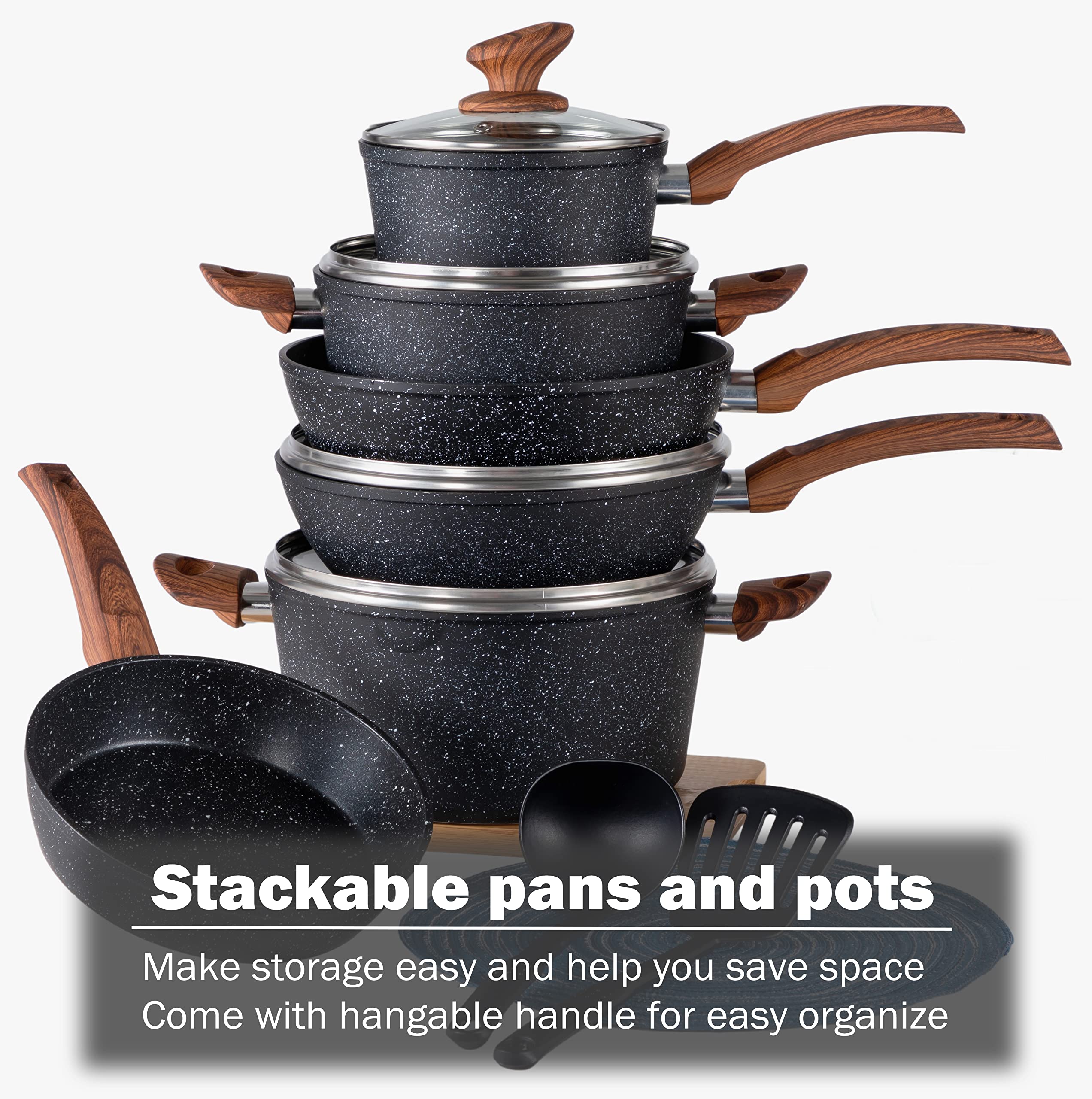 Kitchen Academy Induction Cookware Sets - 12 Piece Cooking Pan Set, Granite Black Nonstick Pots and Pans Set