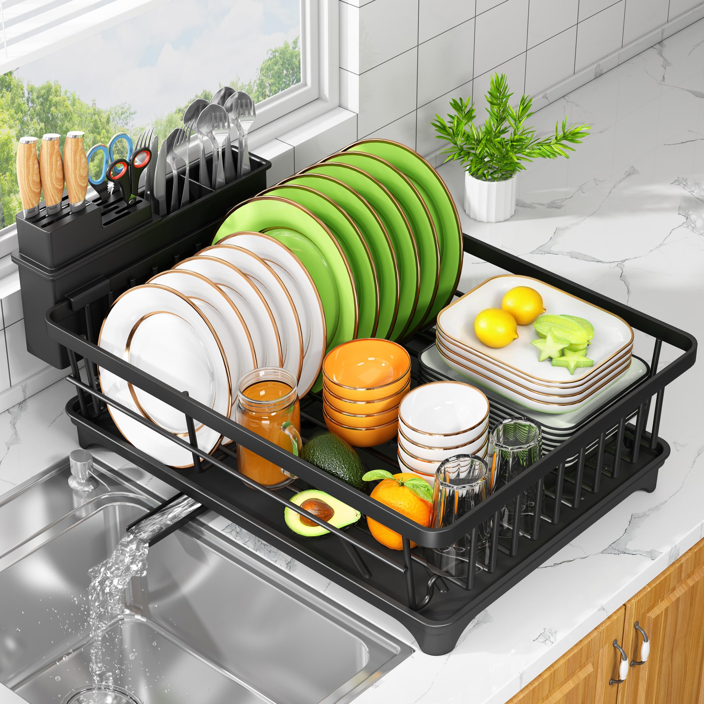 Kmiectse Dish Drying Rack - Space-Saving Small Dish Rack for Kitchen Counter, Rust-Resistant Kitchen Drying Rack, Compact Dish Drainer Organizer with Utensil Holder for Home Kitchen, Black