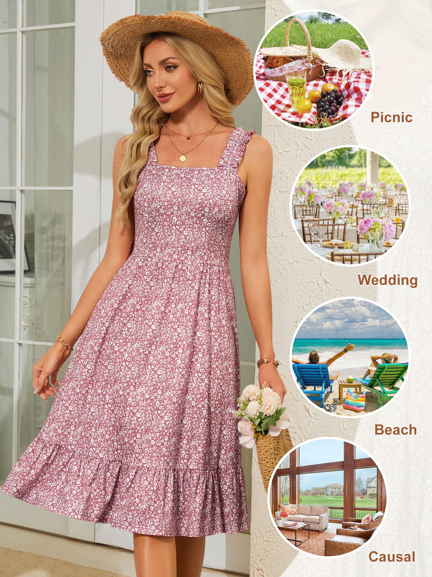 ZABERRY Summer Dresses for Women 2026 Corset Dress Floral Sundress Square Neck Spring Dress Pink Sun Dresses for Women Vestidos De Verano para Mujer 2026