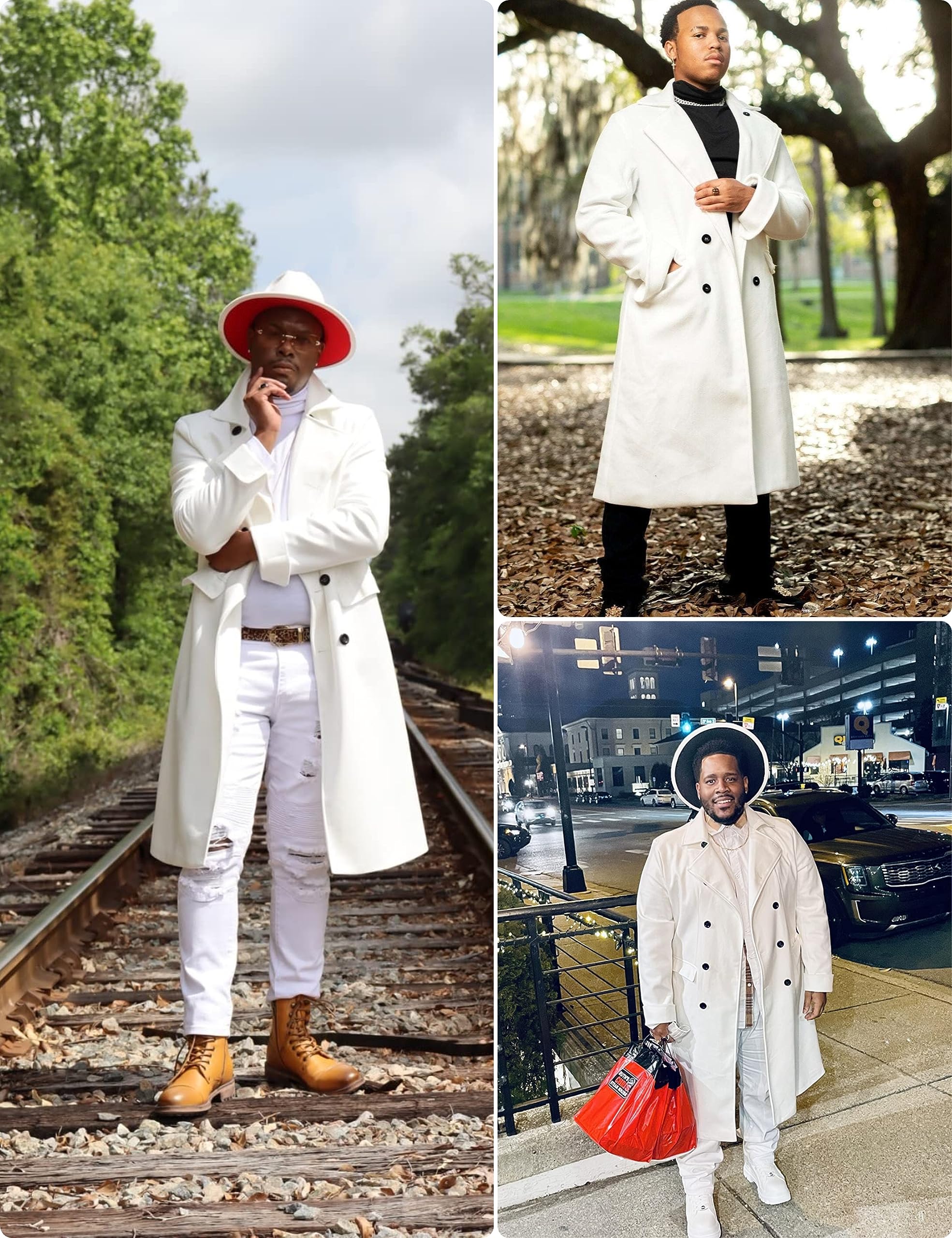 Springrain Men's Pea Coat Double Breasted Overcoat Lapel Coat Classic Long Trench Coat(White-S)