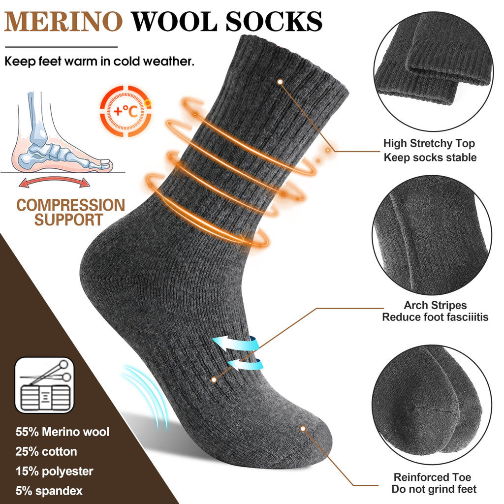 MOGGEI Womens Merino Wool Socks for Hiking Winter Warm Thick Thermal Crew Cozy Cabin Ladies Gift Comfy Boot Work Socks 5 Pairs(Dark Grey)