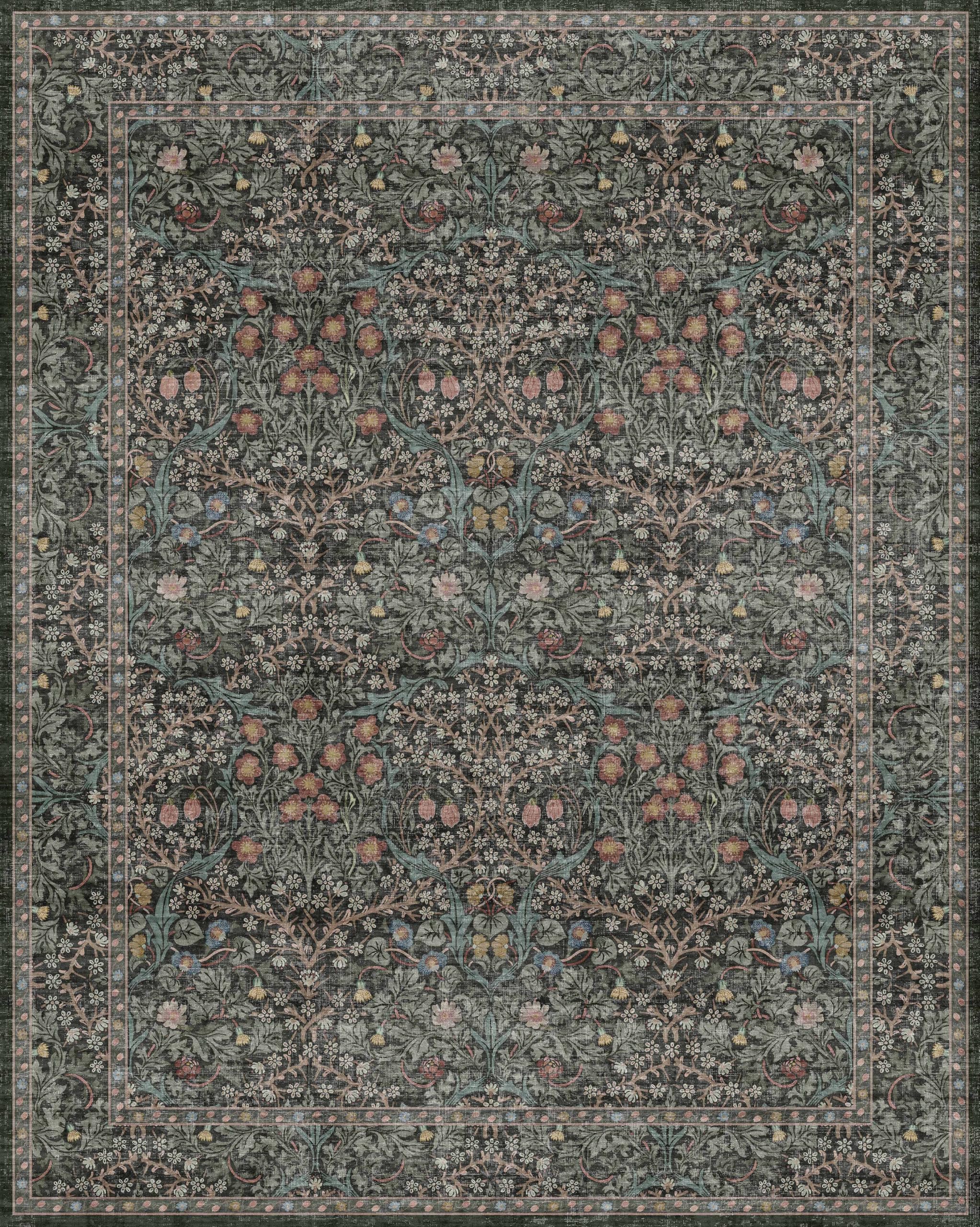 Vintage Dark Green Living Room Rug, 8x10 Washable Area Rugs for Dining Room Under Kitchen Table, Bedroom, Oriental Low Pile Stain Resistant Non-Slip Large Carpet (8x10 Dark Green)