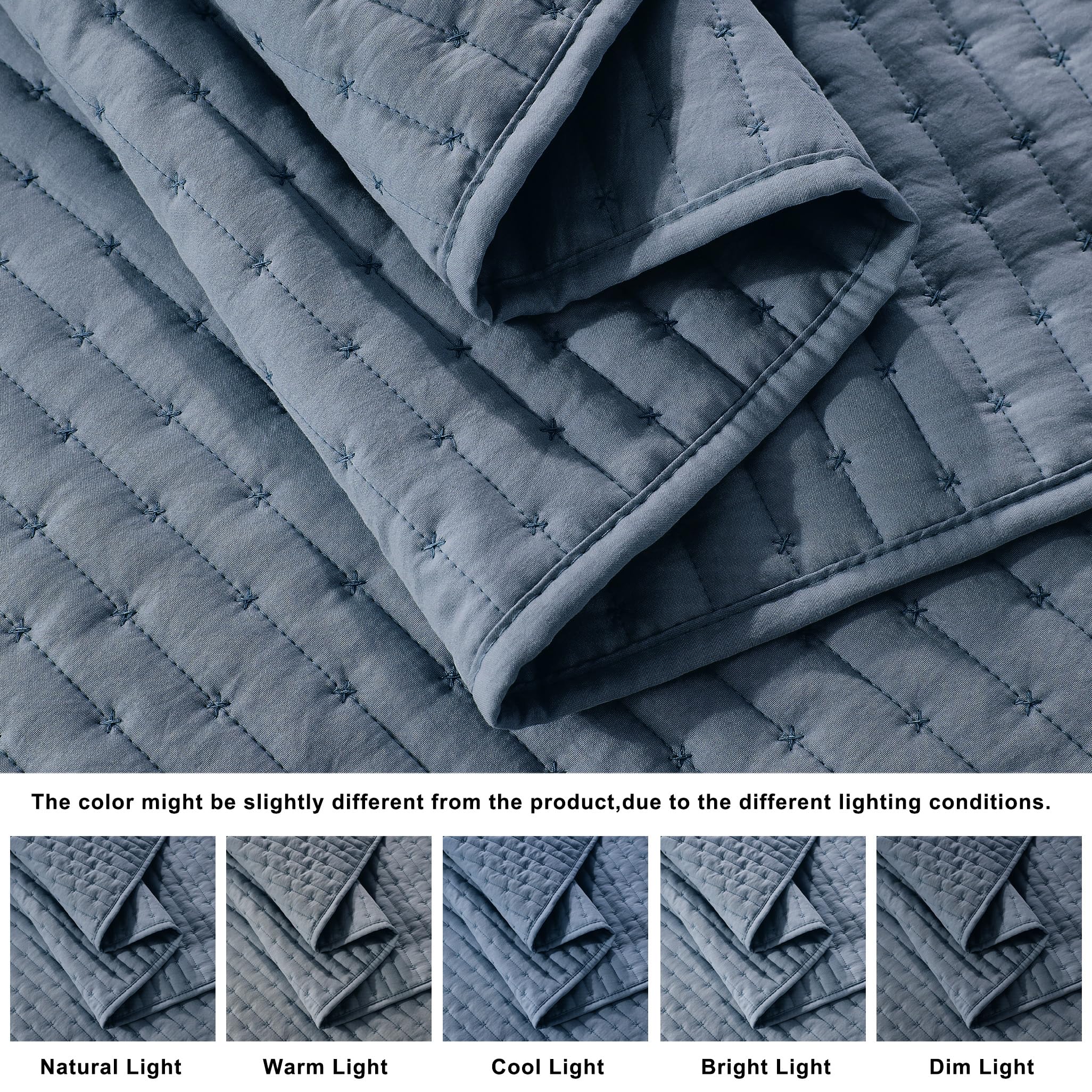 WDCOZY Blue Cross Stitch King Size Quilt Set, Striped Lightweight Soft Bedspread, Channel Farmhouse Rustic Coverlet, All Season Country Bedding, Thin Comforter