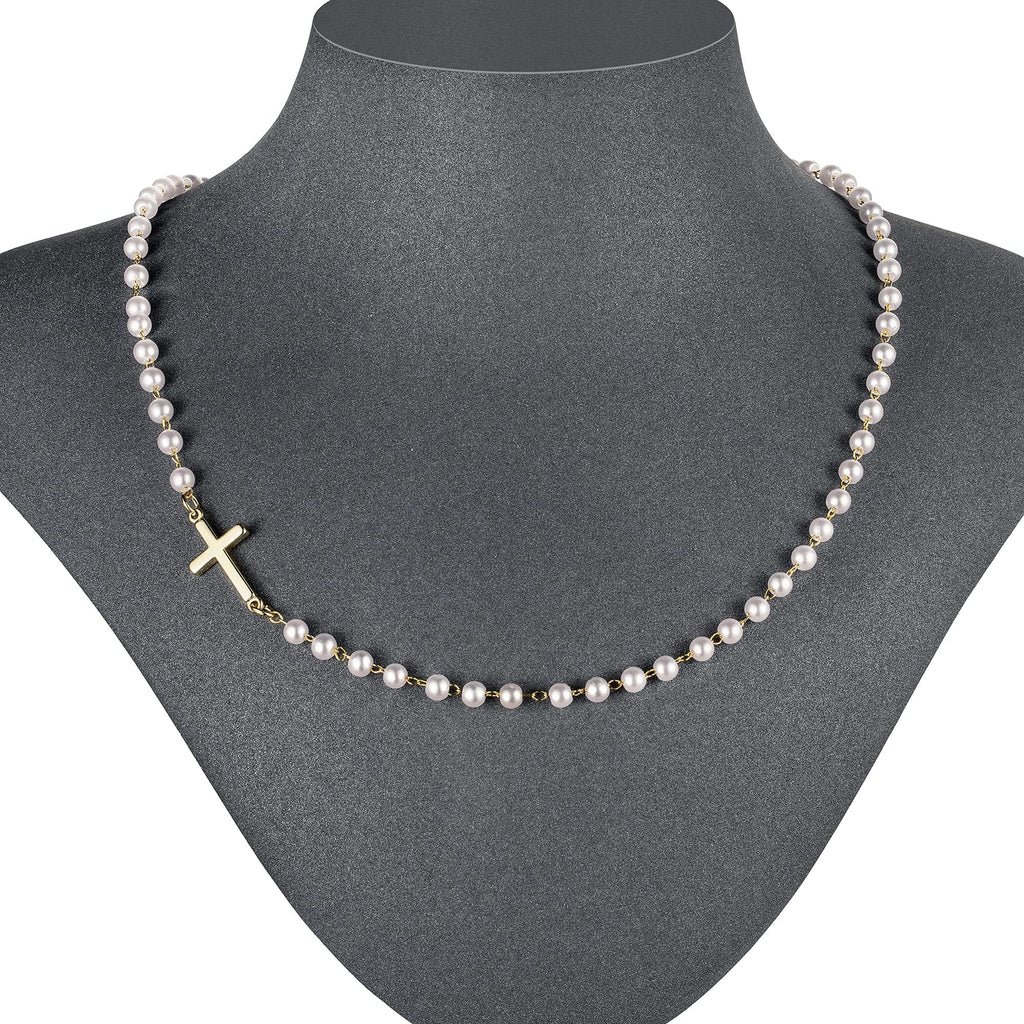 Tewiky 14K Gold Plated Cross Necklace for Women, Gold Pearl Necklace with Cross Pendant Dainty Sideway Cross Choker Necklace Trendy Faith Jewelry Religious Gifts