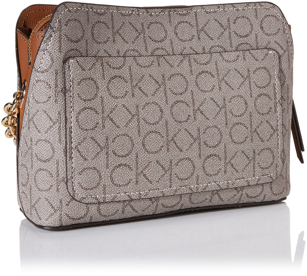 Calvin Klein Women's Hailey Signature Triple Compartment Chain Crossbody, Textured Almond/Taupe/Caramel Linear, One Size