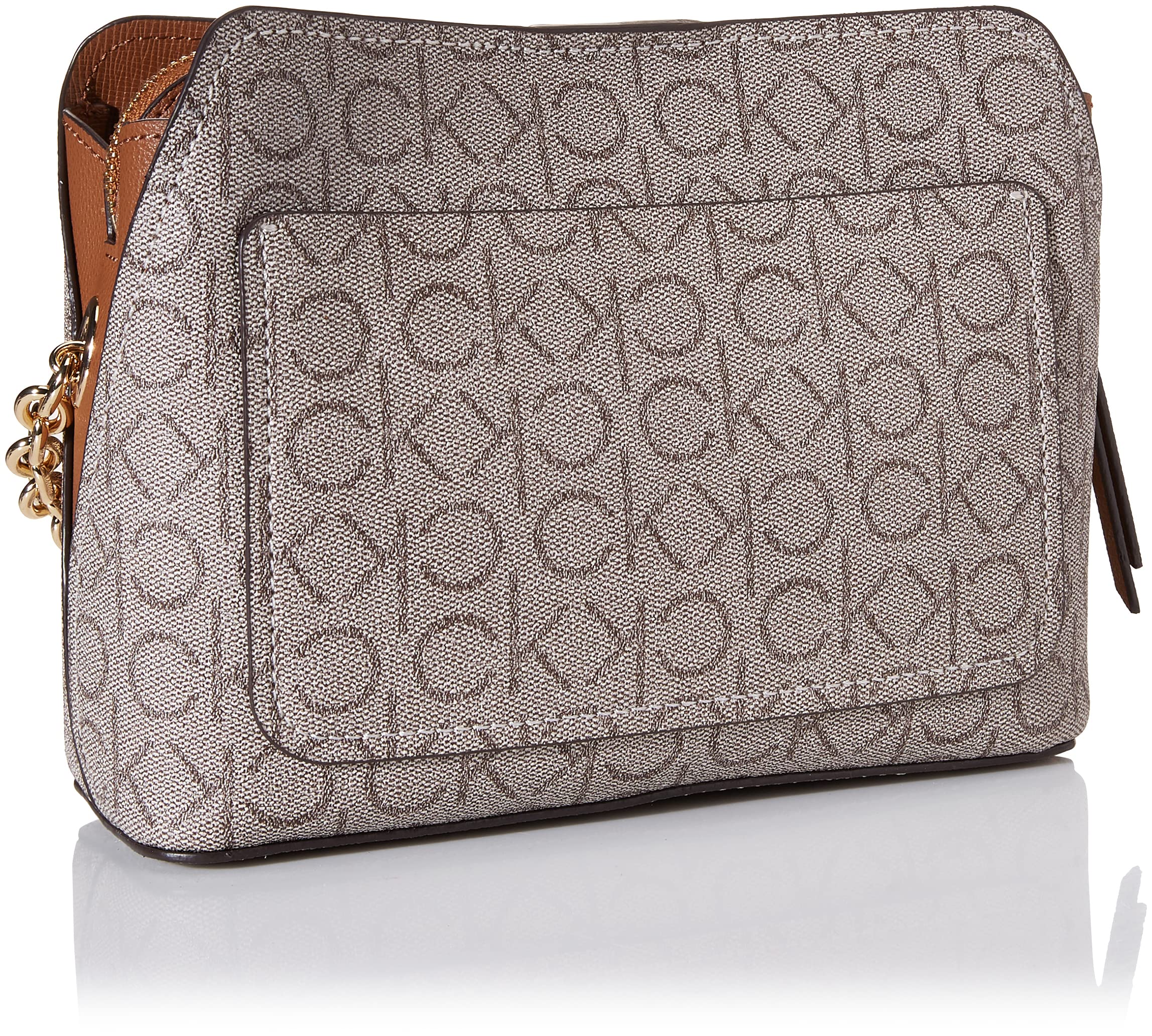 Calvin Klein Women's Hailey Signature Triple Compartment Chain Crossbody, Textured Almond/Taupe/Caramel Linear, One Size