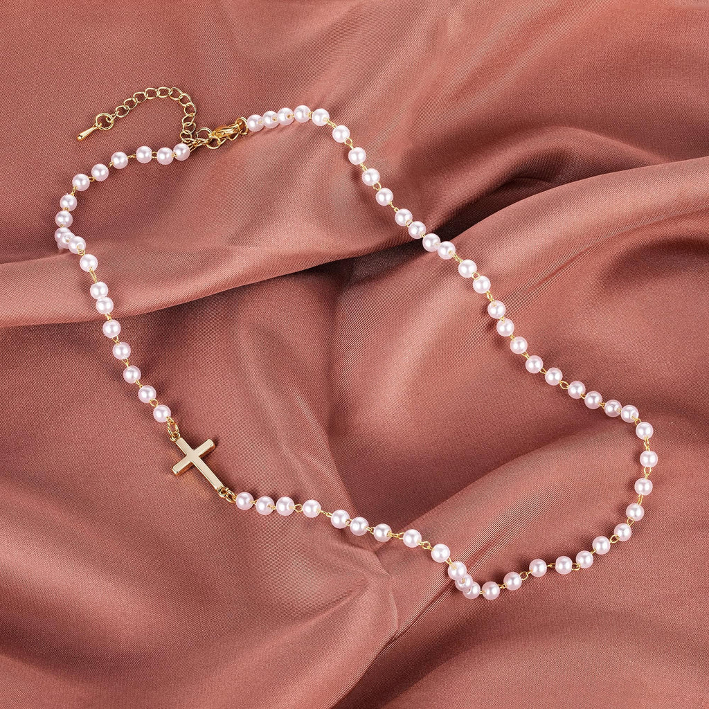 Tewiky 14K Gold Plated Cross Necklace for Women, Gold Pearl Necklace with Cross Pendant Dainty Sideway Cross Choker Necklace Trendy Faith Jewelry Religious Gifts